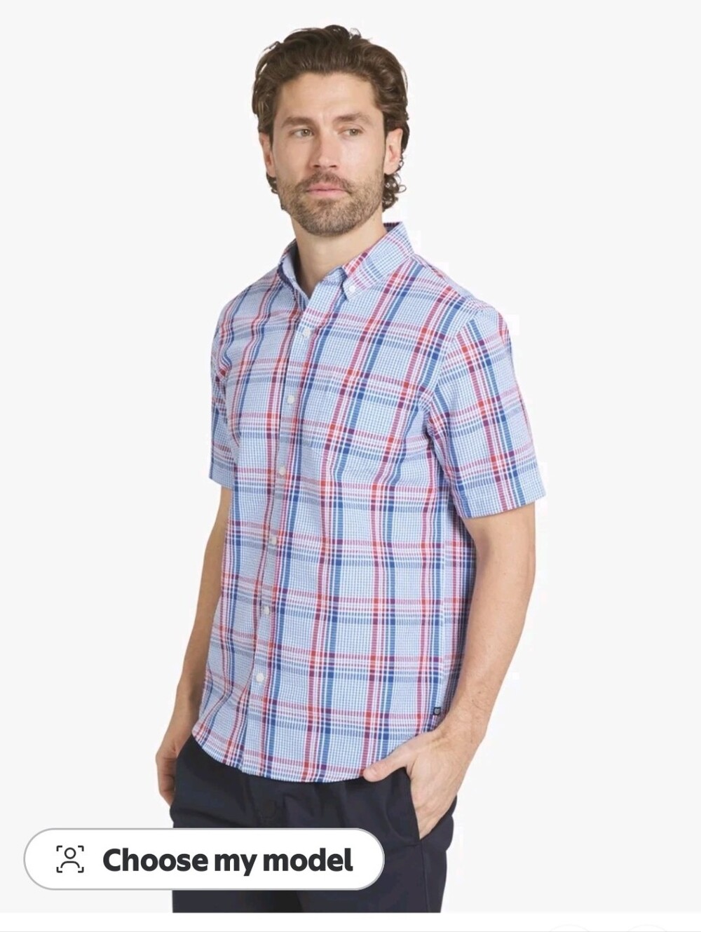 Men's Light Blue Plaid Short-Sleeve Seersucker Button-Up Shirt